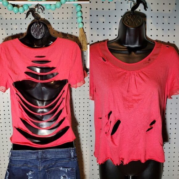 TRASHED Ripped Coral Scoopneck Blouse, Sz Small/Med, Custom Glammed Up Grunge! - Picture 1 of 7